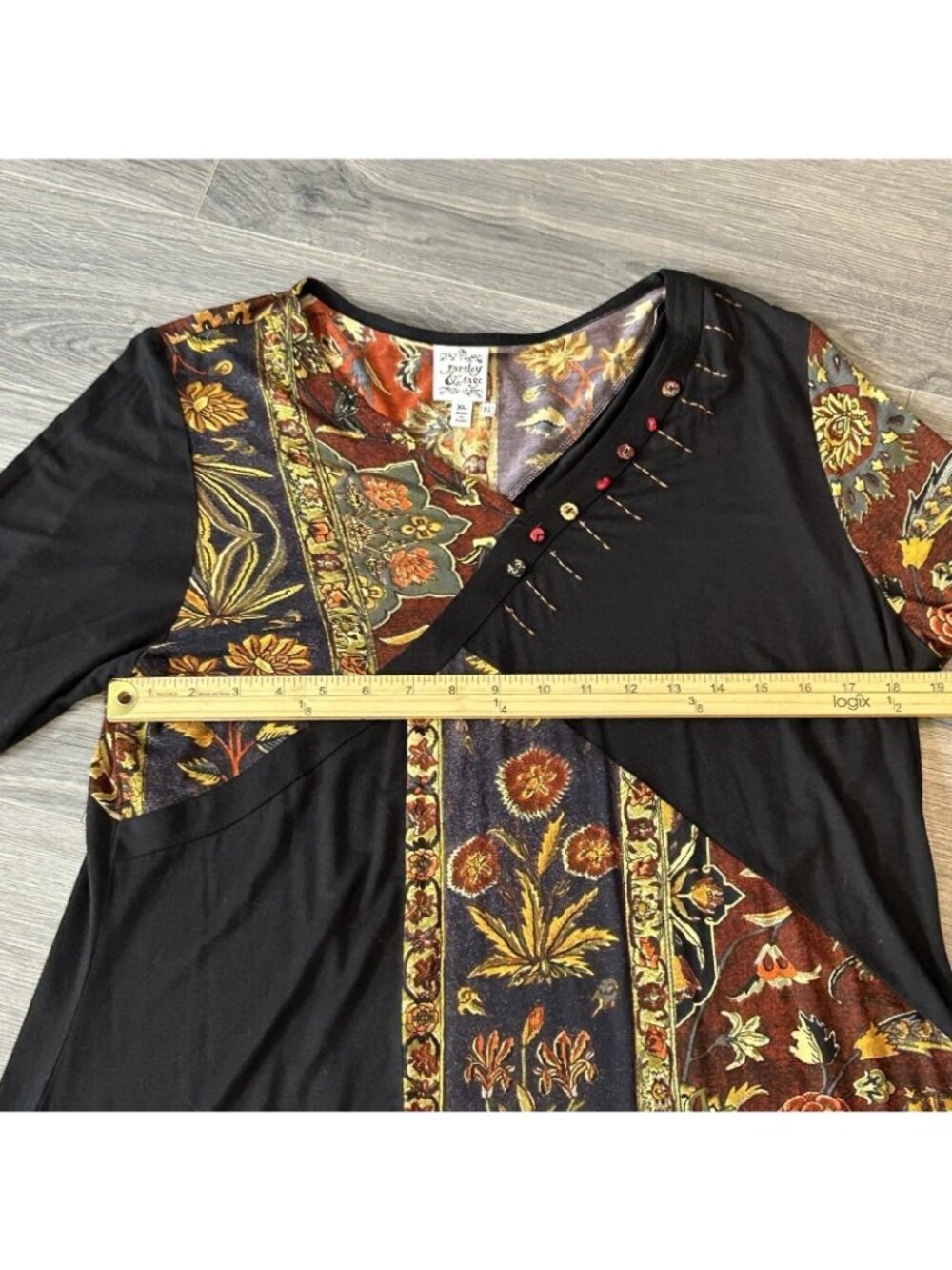 Parsley & Sage Shirt Womens XL Black Floral Tunic Top Boho Patchwork Asymmetric - Picture 6 of 9